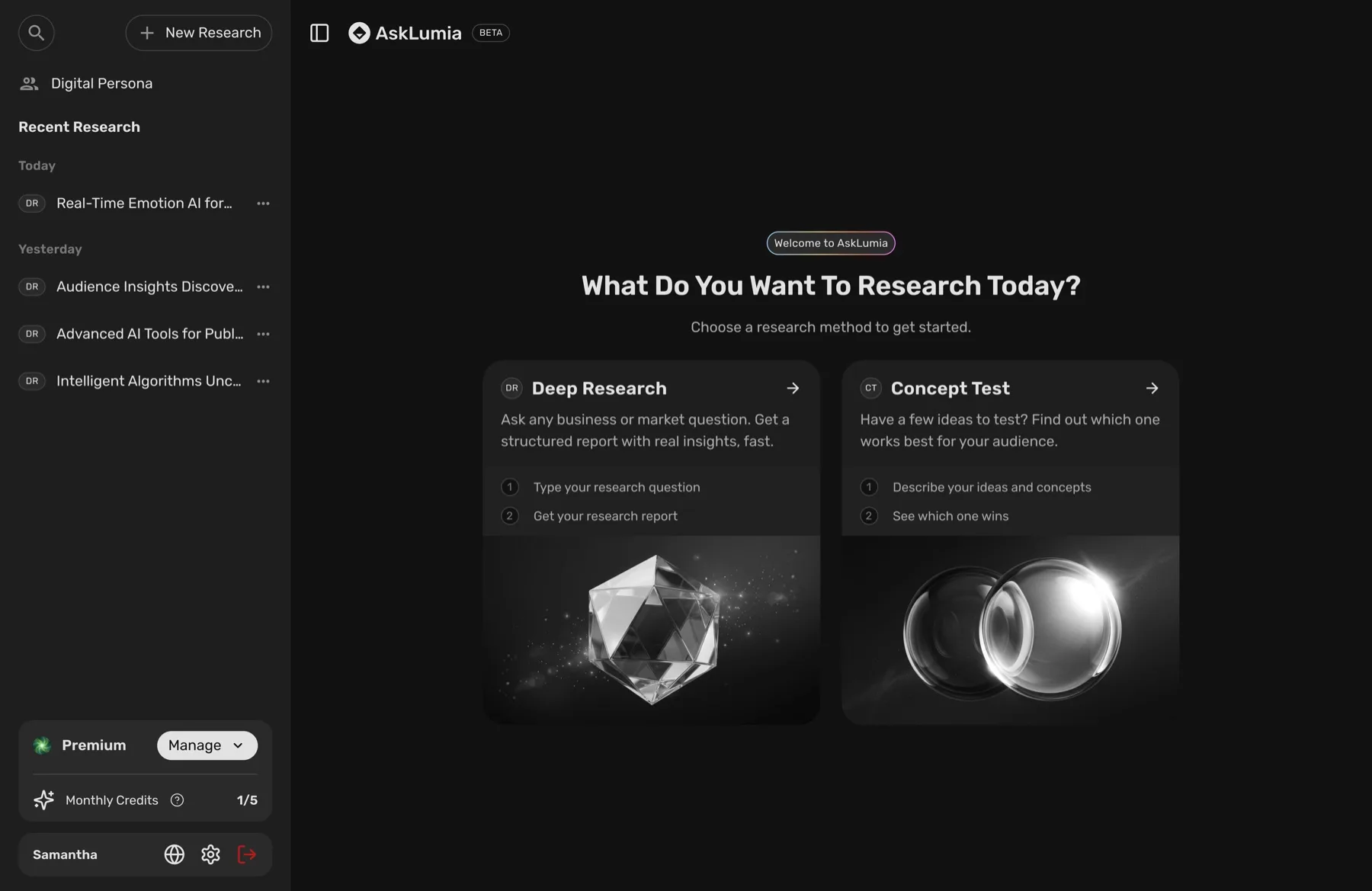 The AskLumia workspace: a recent-research sidebar beside a chooser for Deep Research and Concept Test